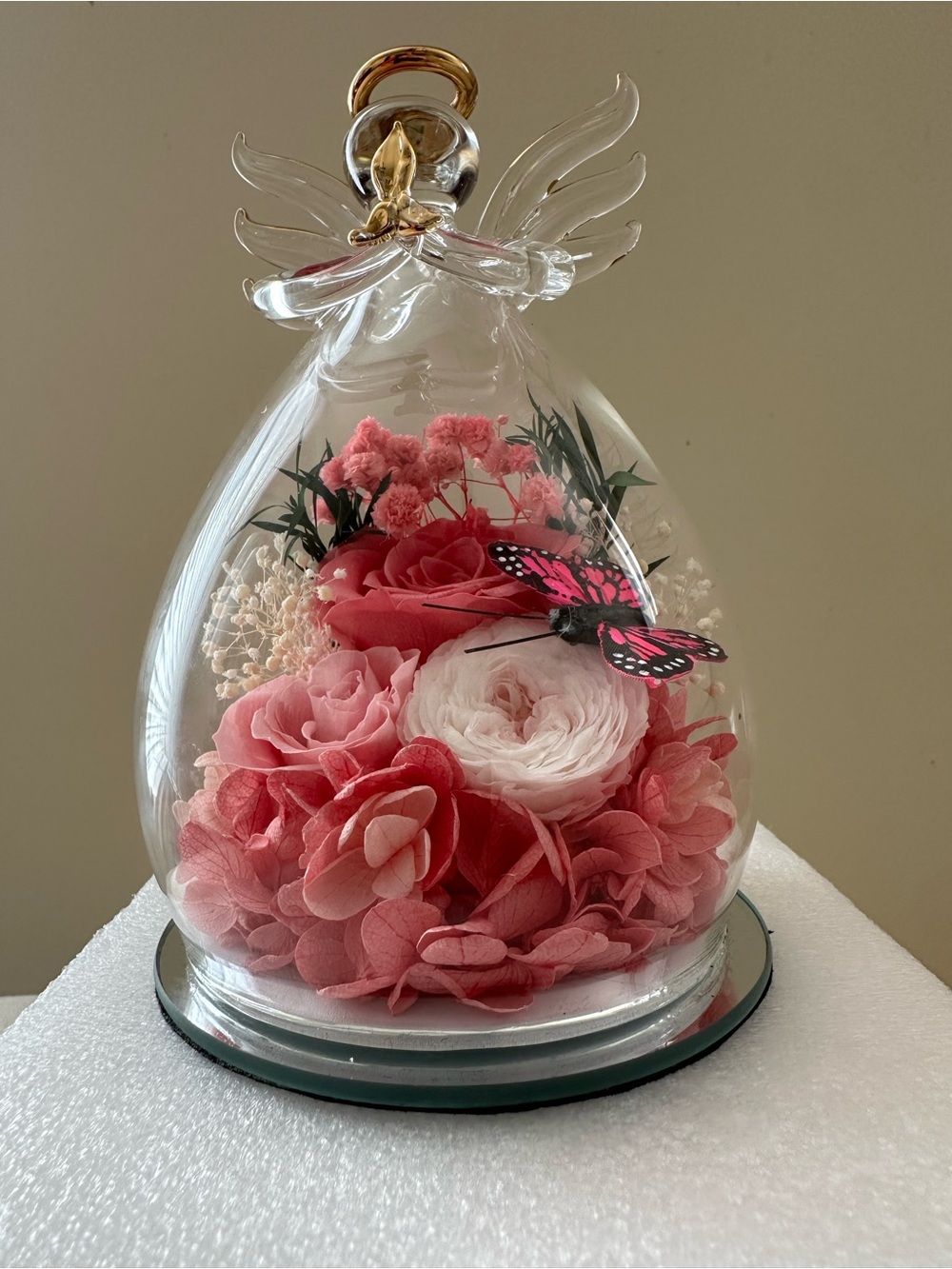Glass Angel Dome with Pink Preserved Flower Arrangement
